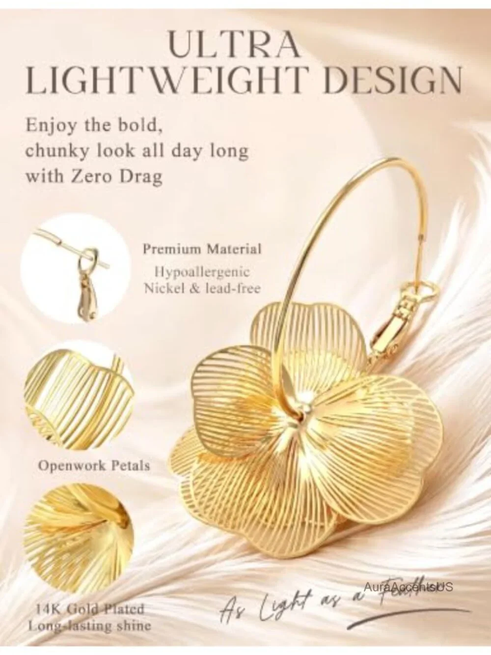 Gold Flower Dangle Earrings for Women, Hypoallergenic S925 Silver Post,